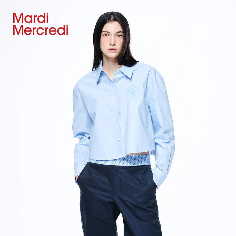 【Mardi Mercredi】小雏菊短款刺绣长袖衬衫休闲宽松透气经典春夏XX