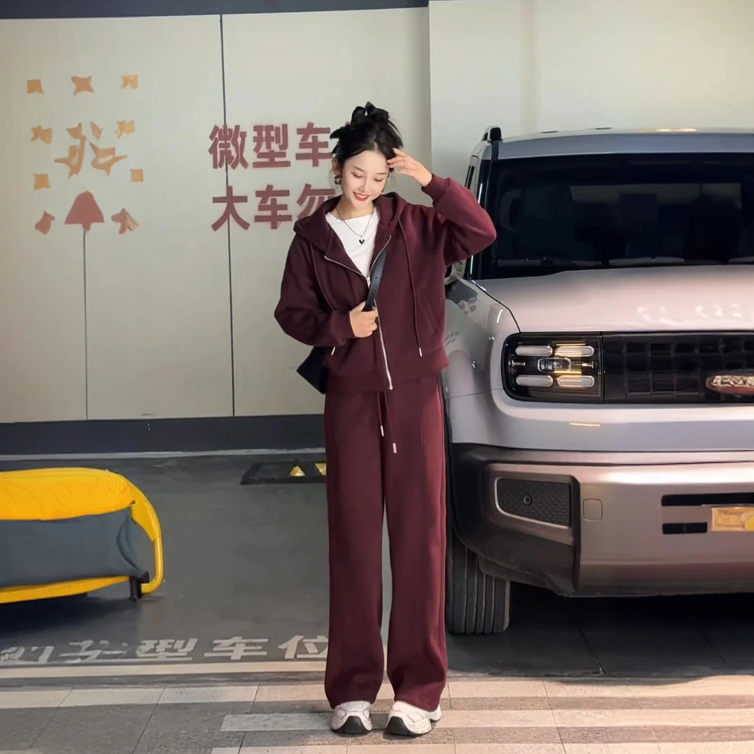 2024特厚加绒新款欧货休闲运动女款气质减龄纯色连帽卫衣套装