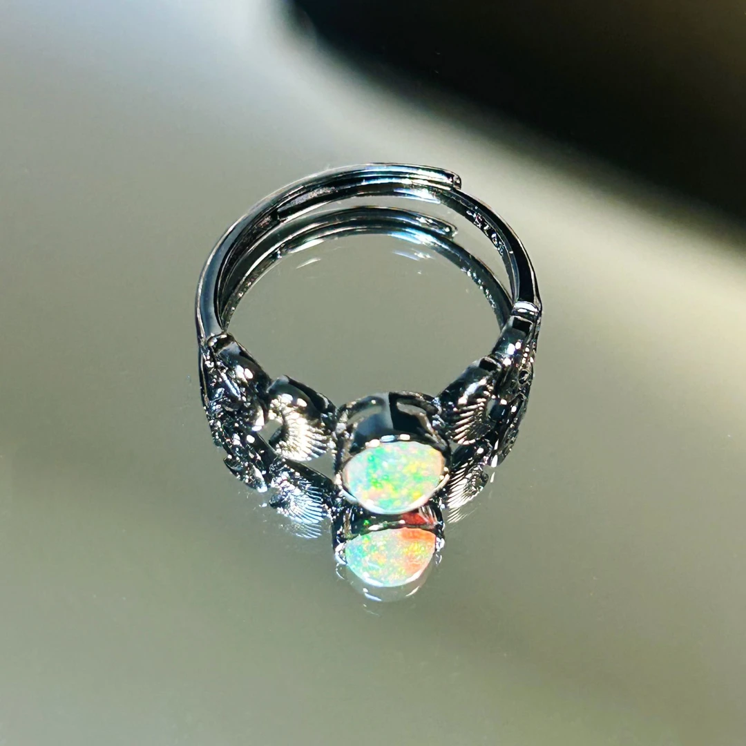 复古黑银星月款欧泊戒指 Vintage轻奢珠宝S925银戒指 小众饰品