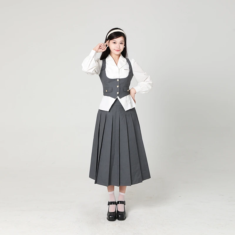 六指导 学院恋人 俏皮减龄灰色长裙显瘦遮肉秋冬高腰百褶半身裙