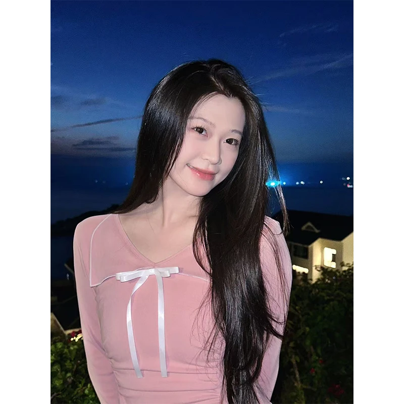 六指导 粉红恋歌 甜美撞色显瘦弹力大摆长裙遮肉蝴蝶结连衣裙秋冬