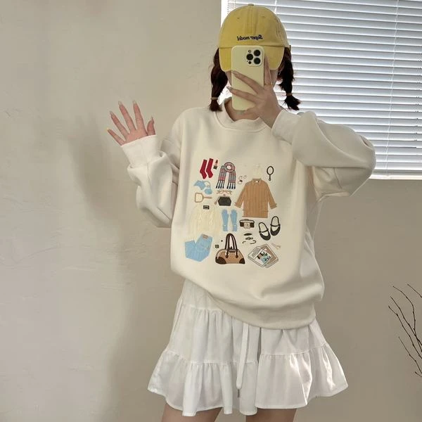 小雅姐姐 加绒卡通重工刺绣圆领套头卫衣 IC41