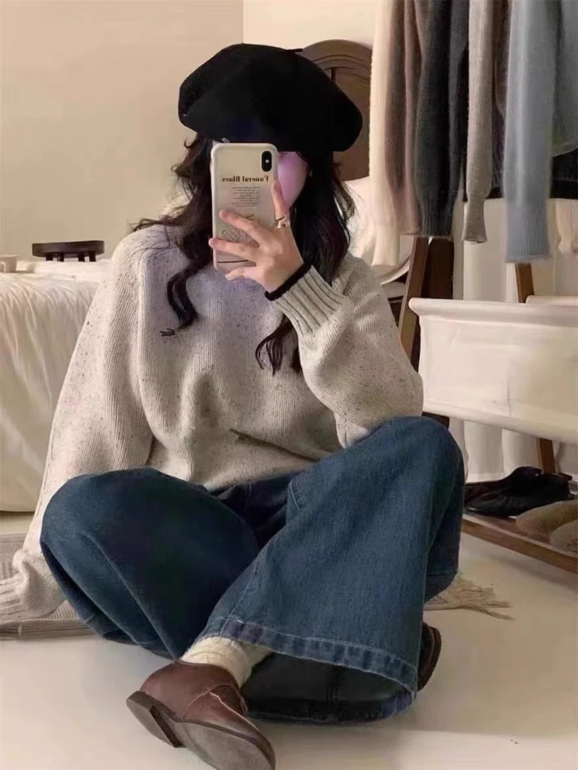 小雅姐姐 韩版简约慵懒风软糯圆领长袖针织毛衣IG89