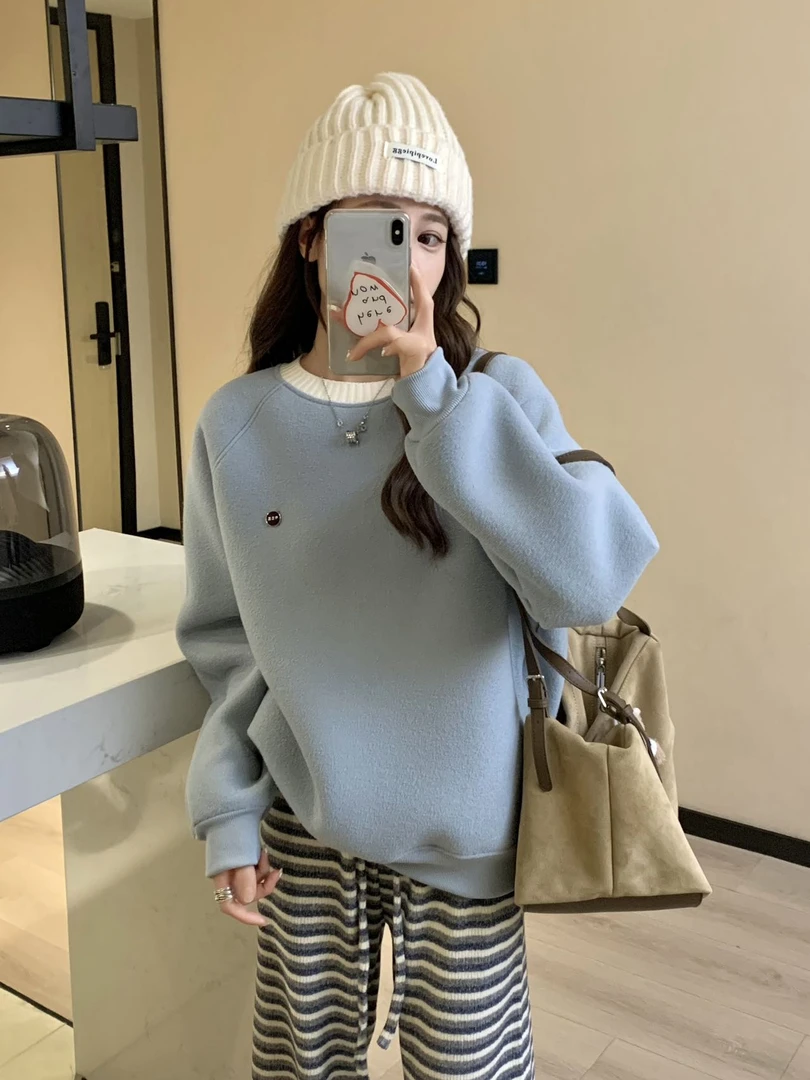 小雅姐姐 【百大红人上新】韩系简约毛线领宽松休闲加绒卫衣IF18