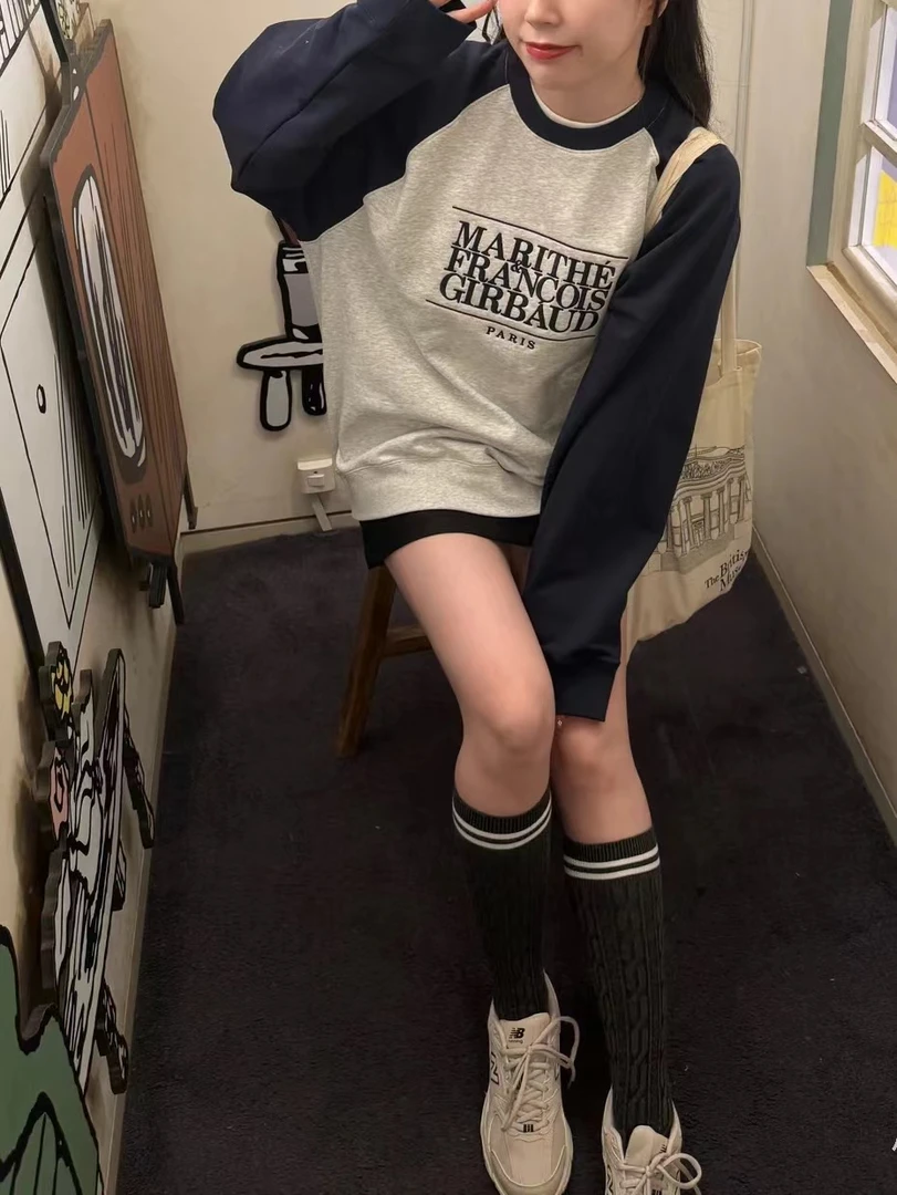 小雅姐姐 美式拼接撞色字母刺绣卫衣HY78