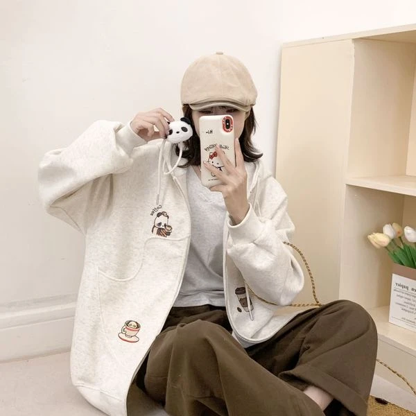 小雅姐姐  刺绣熊猫蛋壳口袋拉链外套HX60