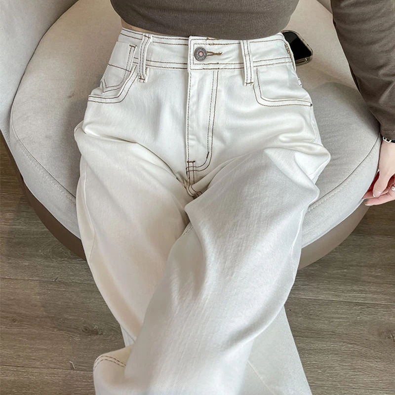 恋上双腿白色高腰窄版阔腿牛仔裤女冬直筒百搭显瘦小个子拖地裤子