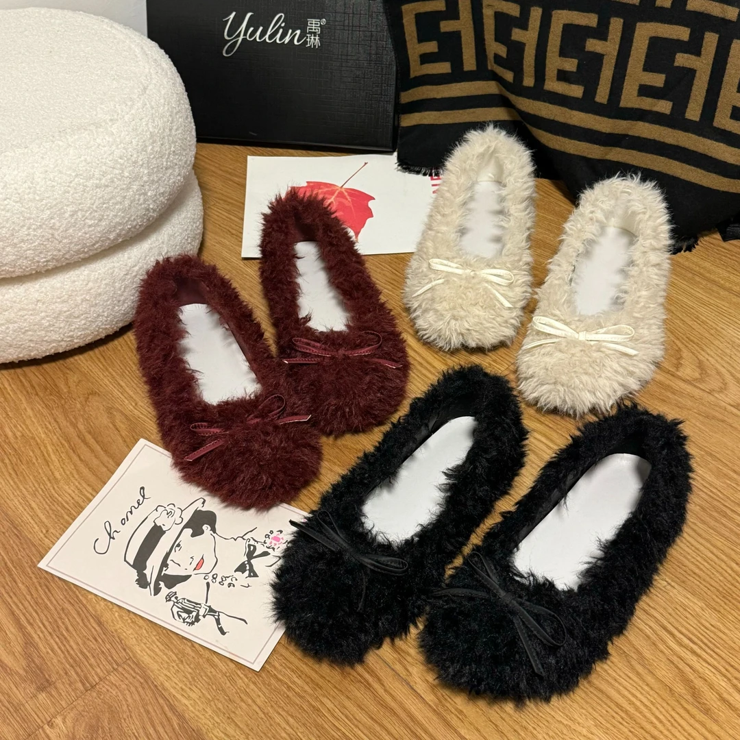 【YULIN】芭蕾风泰迪毛毛鞋圆头蝴蝶结平底单鞋