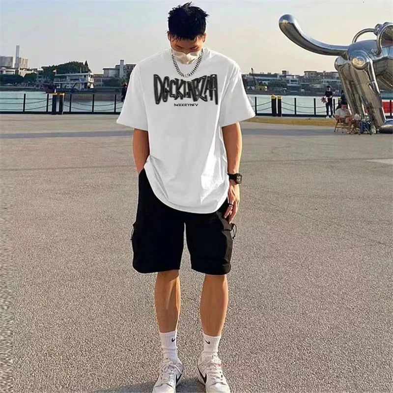 260g重磅纯棉国潮T恤男夏痞帅美式嘻哈上衣宽松虚幻字母印花短袖