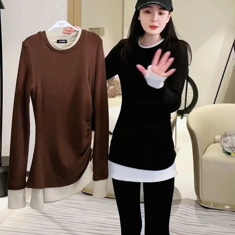 韩版时尚气质撞色假两件打底衫褶皱拼色长袖T恤女秋冬磨毛保暖T恤
