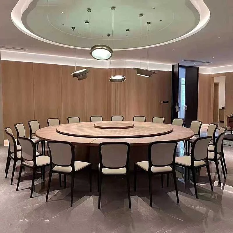 酒店电动旋转盘大圆桌会所包厢实木餐桌大理石岩板火锅桌带电磁炉