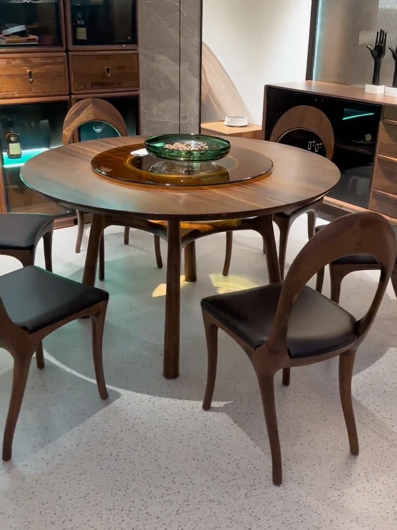 现代简约黑胡桃木餐桌椅组合轻奢家用新中式餐桌实木酒店圆桌家具