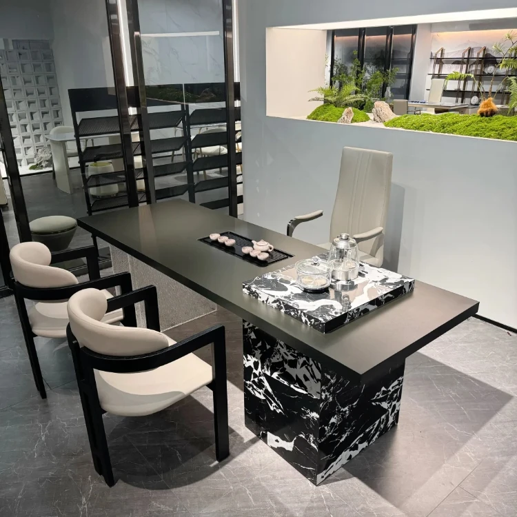 新中式黑胡桃木岩板茶桌椅组合2024新款高端亚克力实木茶台书桌