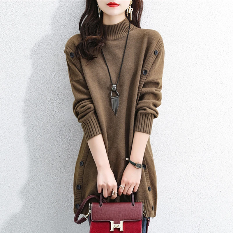 秋季新款韩版半高领套头羊绒羊毛针织打底衫连衣裙时尚宽松毛衣裙