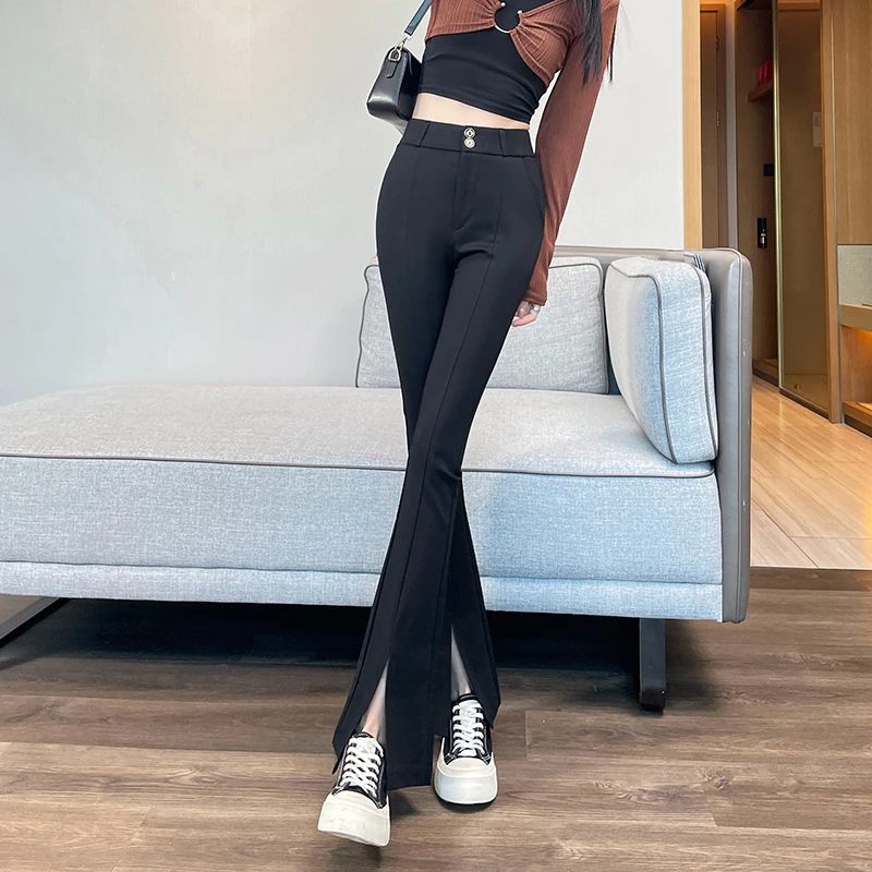 高腰微喇裤女春秋季大码胖mm200斤休闲显瘦高腰开叉微喇叭长裤子