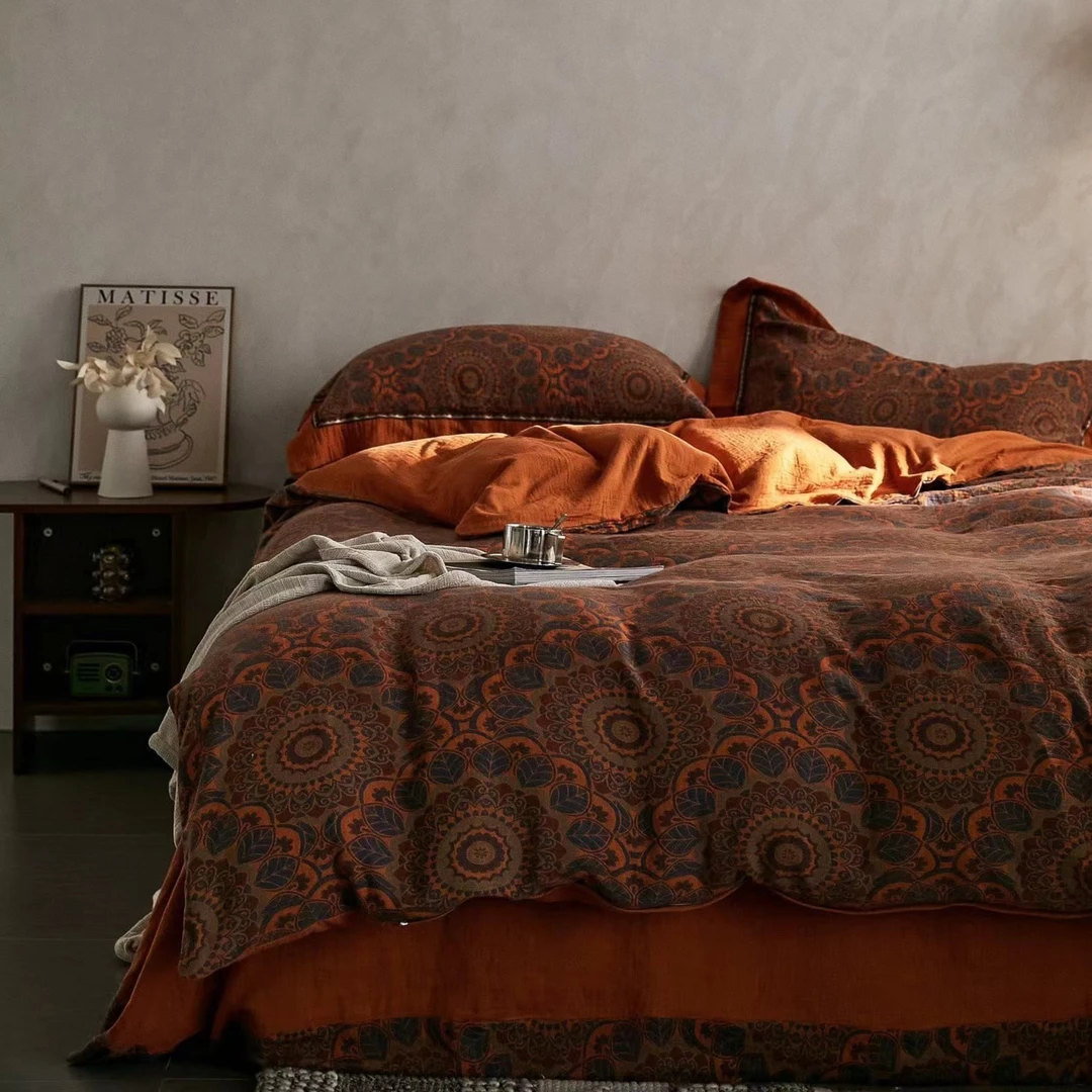 欧狄芬高端定制印第安纳双层纱精梳四件套亲肤柔软轻奢床品复古