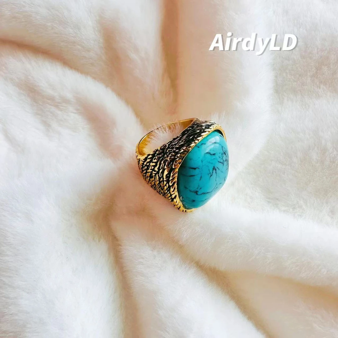 铜合金戒指 【晴山】中古手工复古镶嵌蓝色小众戒指JZ029
