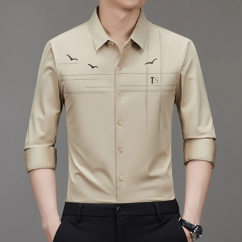 啄木鸟2023秋冬新款男士衬衫无痕免烫商务时尚印花长袖衬衣男装
