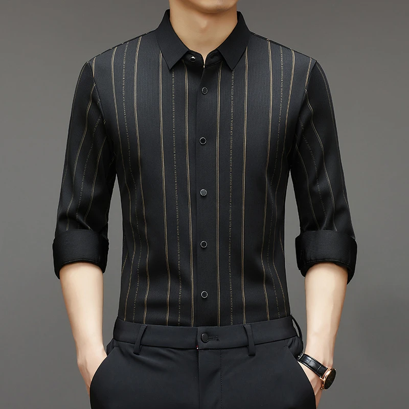 啄木鸟男士长袖衬衫男装春秋新款中青年无痕垂感商务休闲弹力衬衣