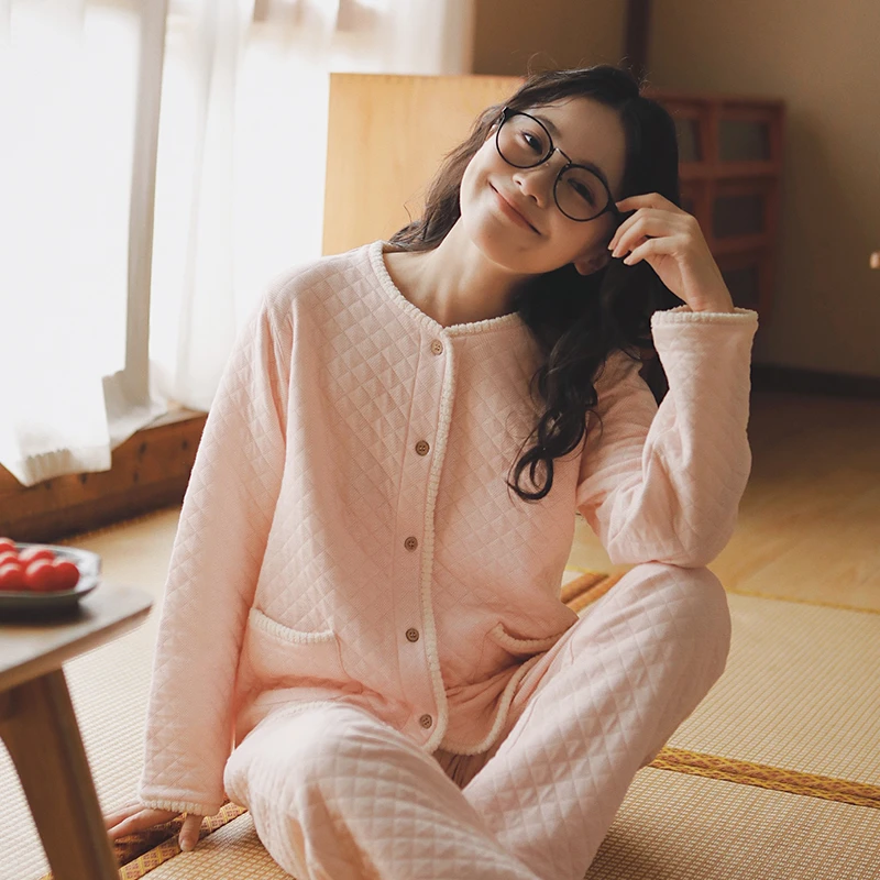 【夹棉空气层】小香风纯色菱格家居服睡衣套装秋冬圆领保暖时尚经典