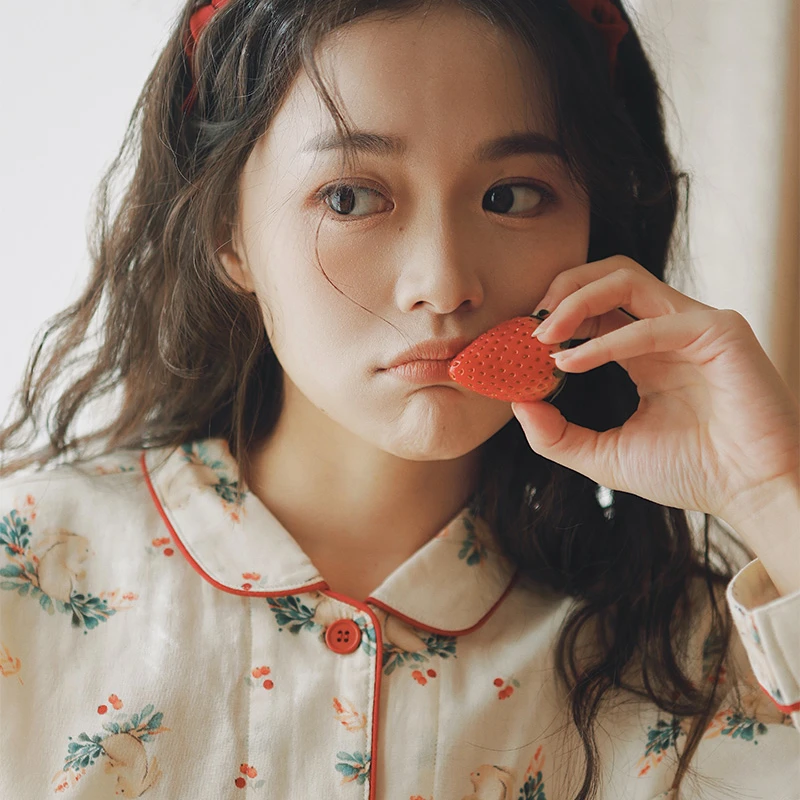 【段姐家居服】全棉双层棉纱长袖长裤可爱小兔印花睡衣女春秋季套装