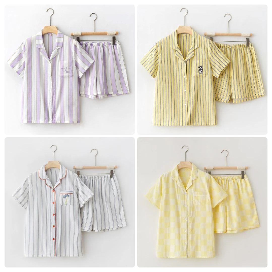 【段姐家居服】全棉纱布女款短袖短裤套装睡衣简约休闲亲肤透气夏季