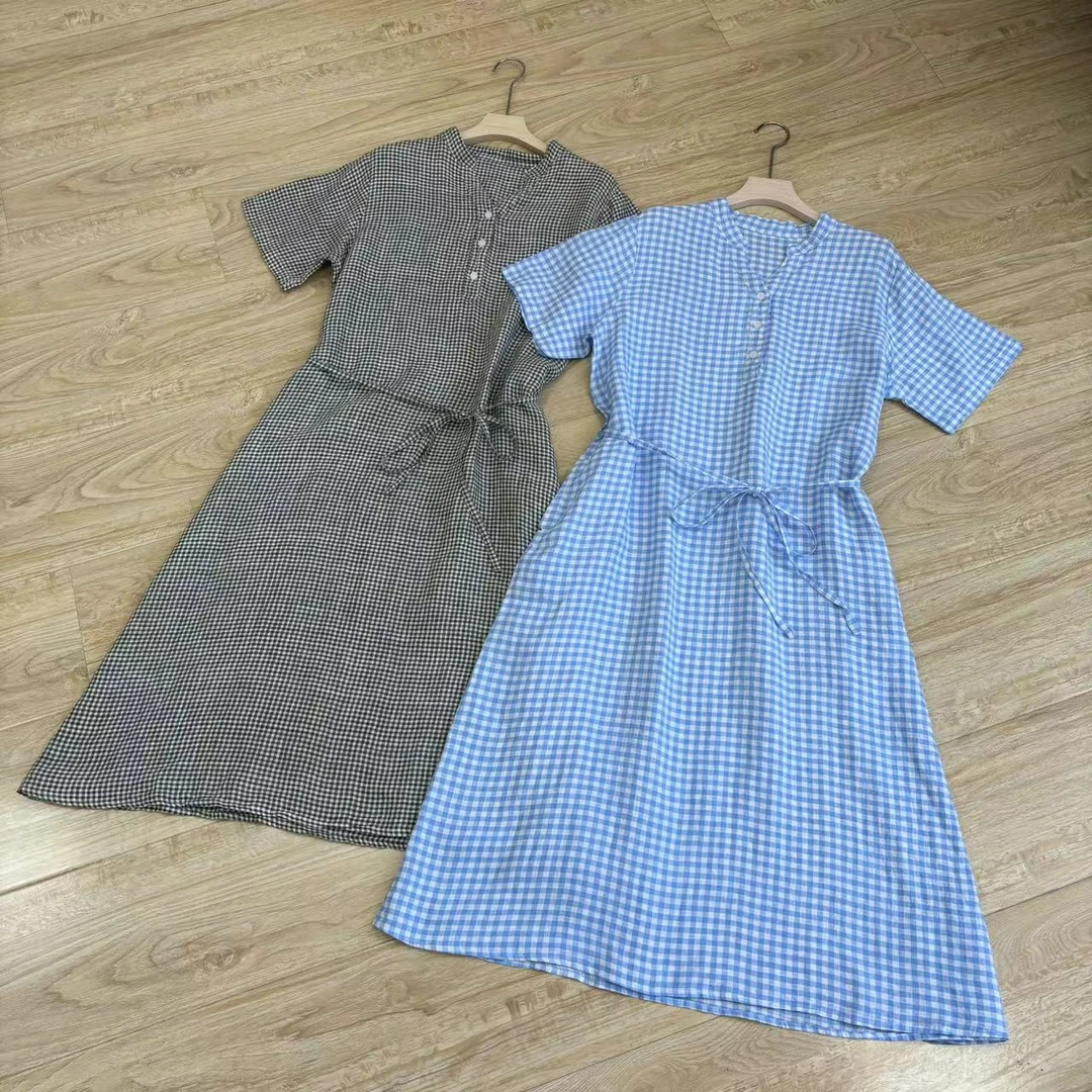 LJJ色织V领格子亚麻日系收腰连衣裙0610