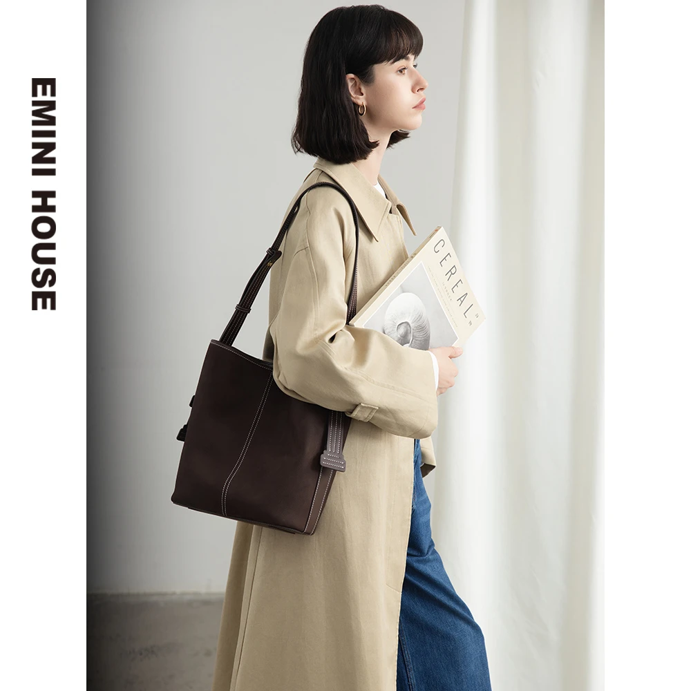 伊米妮新款时尚潮流女包头层磨砂皮大容量水桶包牛皮托特包休闲