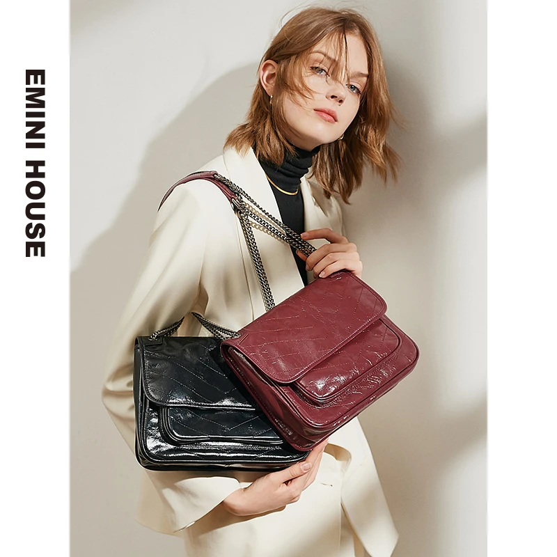 EMINI HOUSE/伊米妮新款真皮单肩斜挎包女包软皮流浪邮差包