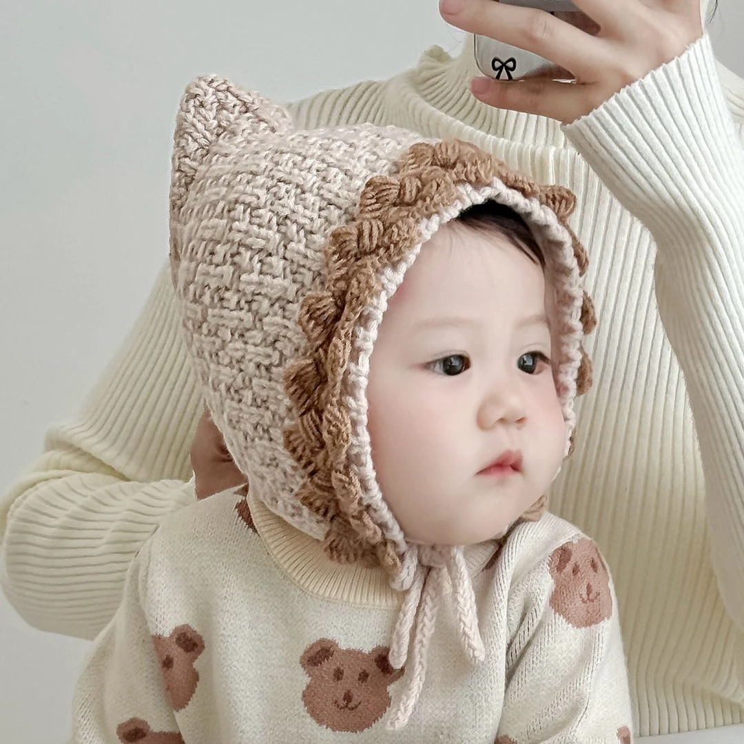 冬季儿童毛线帽手工编织钩织棉布内衬女童公主护耳防寒保暖巫师尖