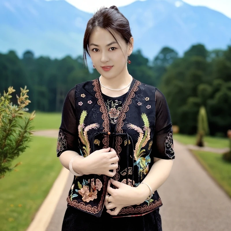 曦娅 秋季新款民族风【凤舞双面双穿】重工刺绣时尚百搭国风马甲