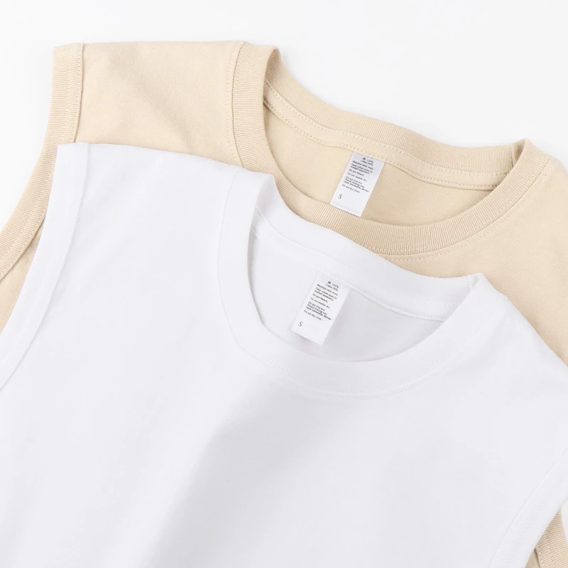 美式230g重磅杏色米色无袖背心男士T恤女纯棉圆领无缝夏季百搭潮