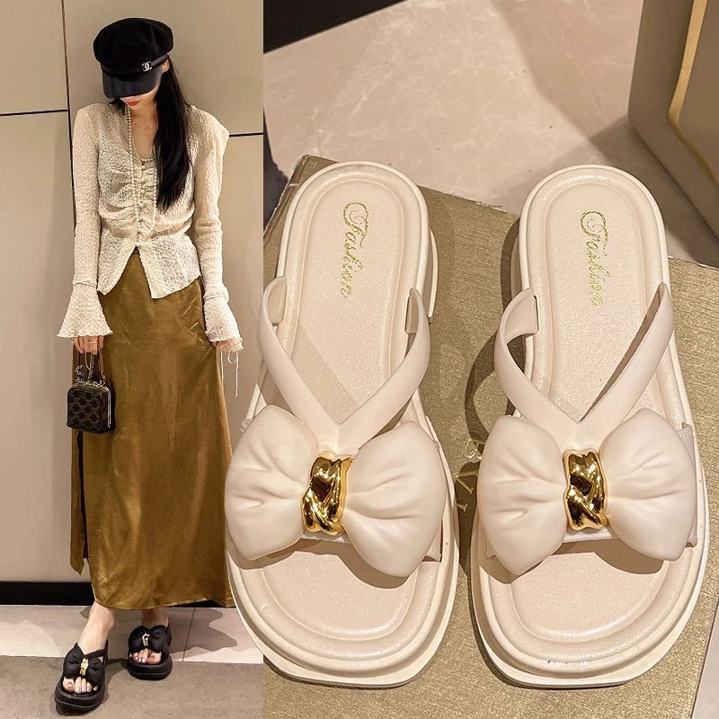 【粉丝2024】松糕底拖鞋高颜值百搭女外穿夏季厚底蝴蝶结一字凉拖鞋