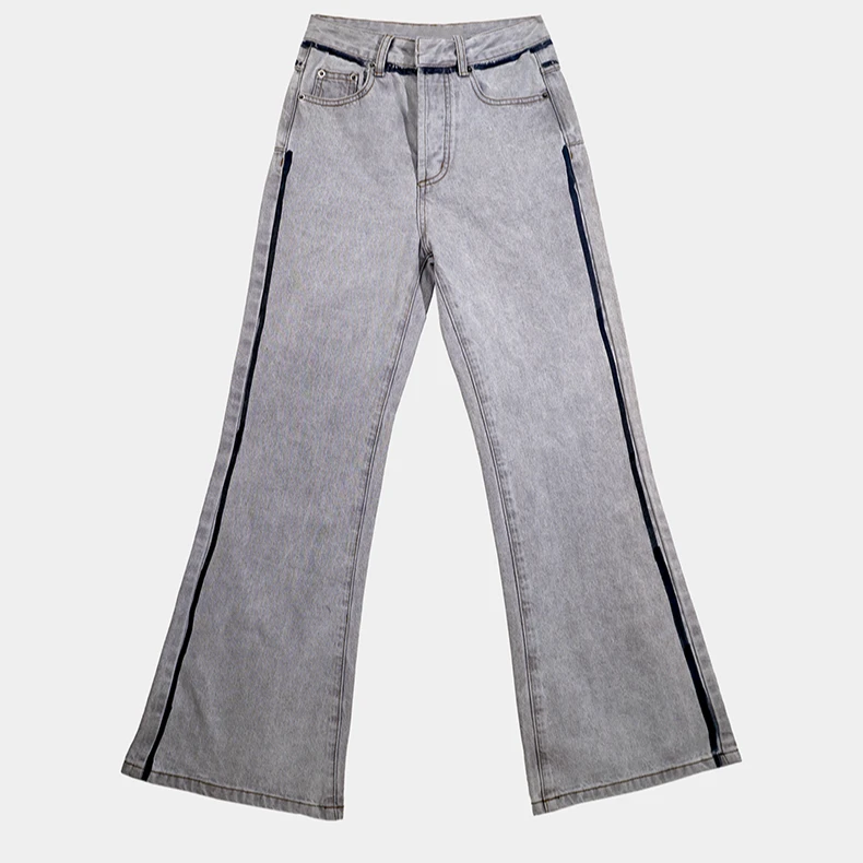 【邂逅优雅】重工设计水洗牛仔裤黑色线条撞色拼接灰色直筒长裤
