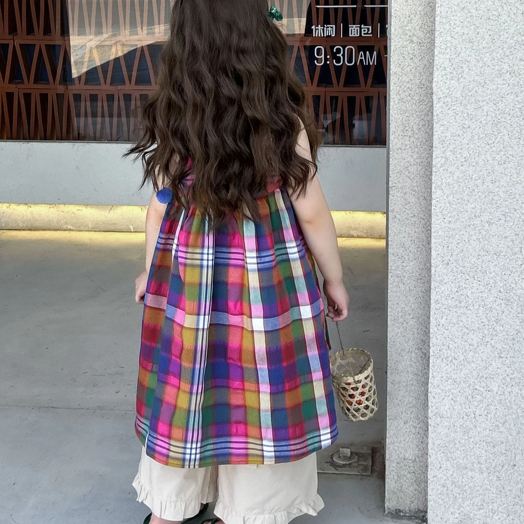 2024夏季新款童装 韩版童装 女童彩色格子吊带裙 夏款连衣裙