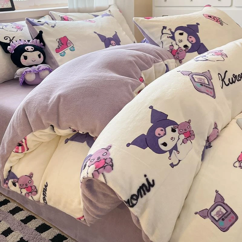 库洛米牛奶绒四件套加厚珊瑚绒被套床单卡通法兰双面绒床品三件套