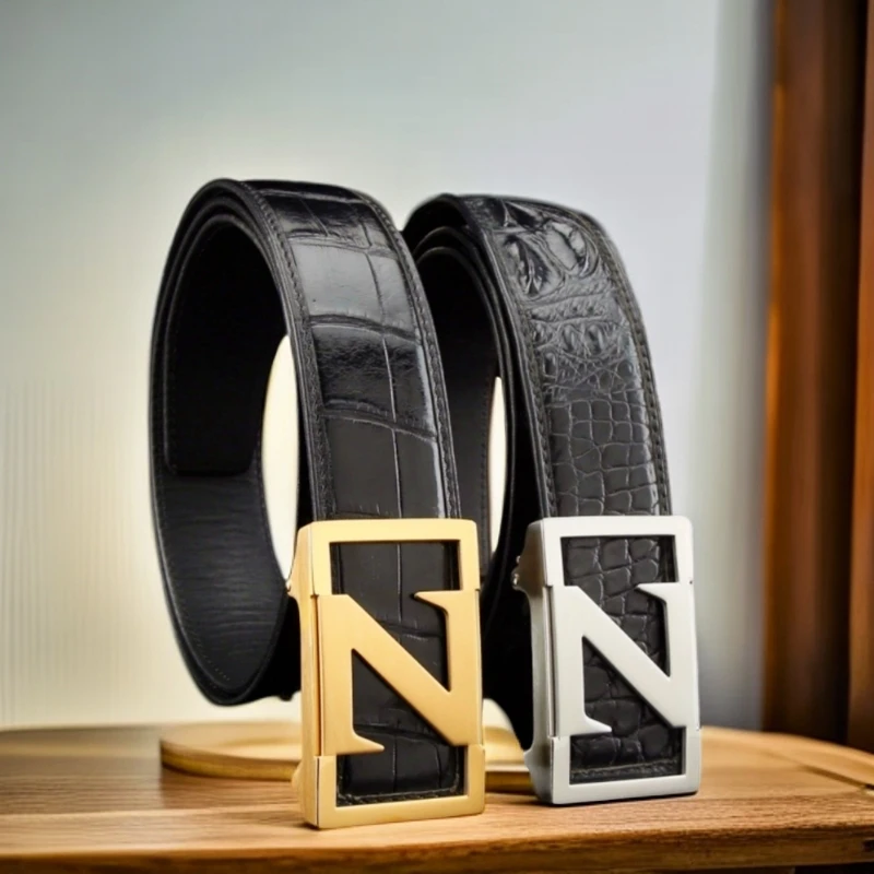 进口鳄鱼皮平滑扣男士真皮腰带高档商务百搭男式裤腰带经典休闲风