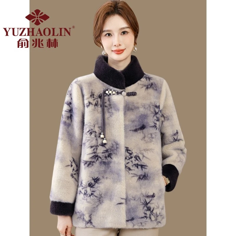 俞兆林冬装仿水貂绒大衣高贵2025新款洋气中老年人皮毛一体毛呢外