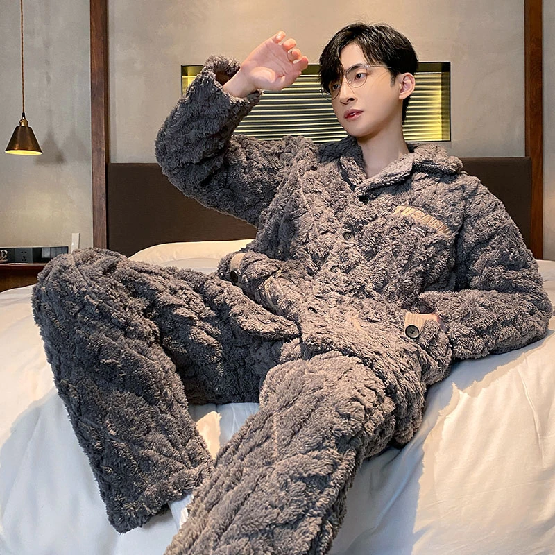 男士睡衣冬季珊瑚绒睡衣三层夹棉袄秋冬款加厚加绒家居服套装