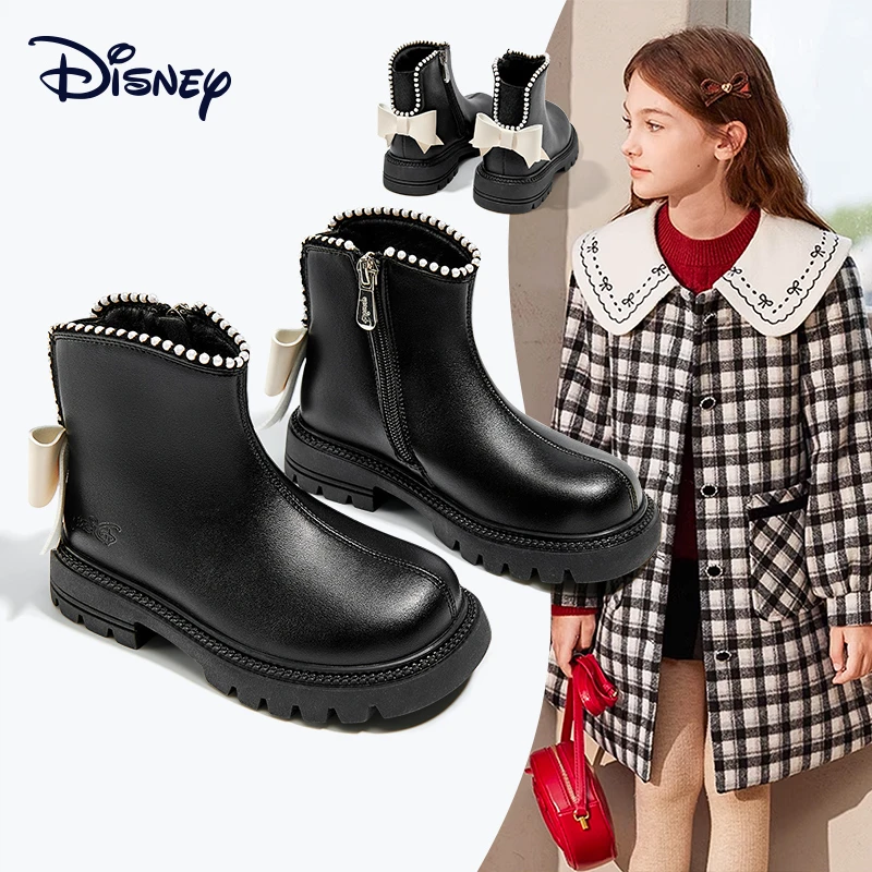 迪士尼冬季女童女童短靴公主百搭加绒蝴蝶结中筒靴女孩英伦风皮靴