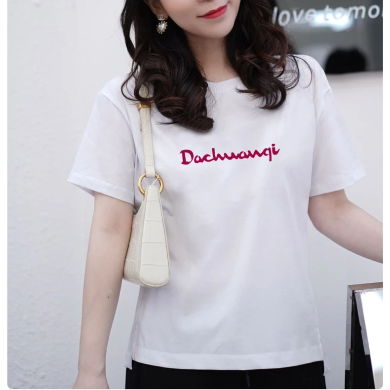 春夏宽松女士圆领时尚夏季短袖T恤半袖休闲白色百搭