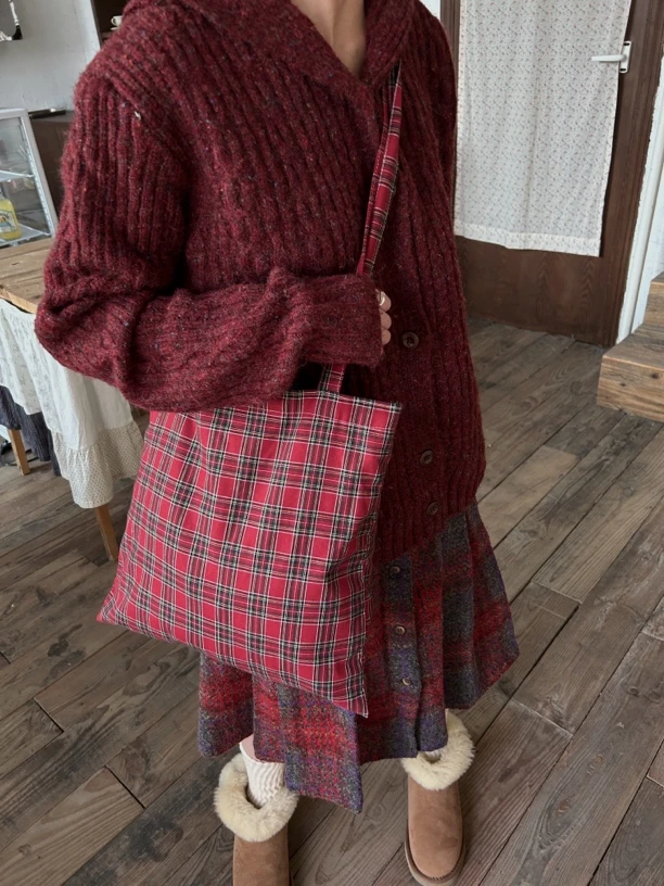mumu‘s house苏格兰的冬日 复古格纹红色斜挎单肩帆布包少女背包