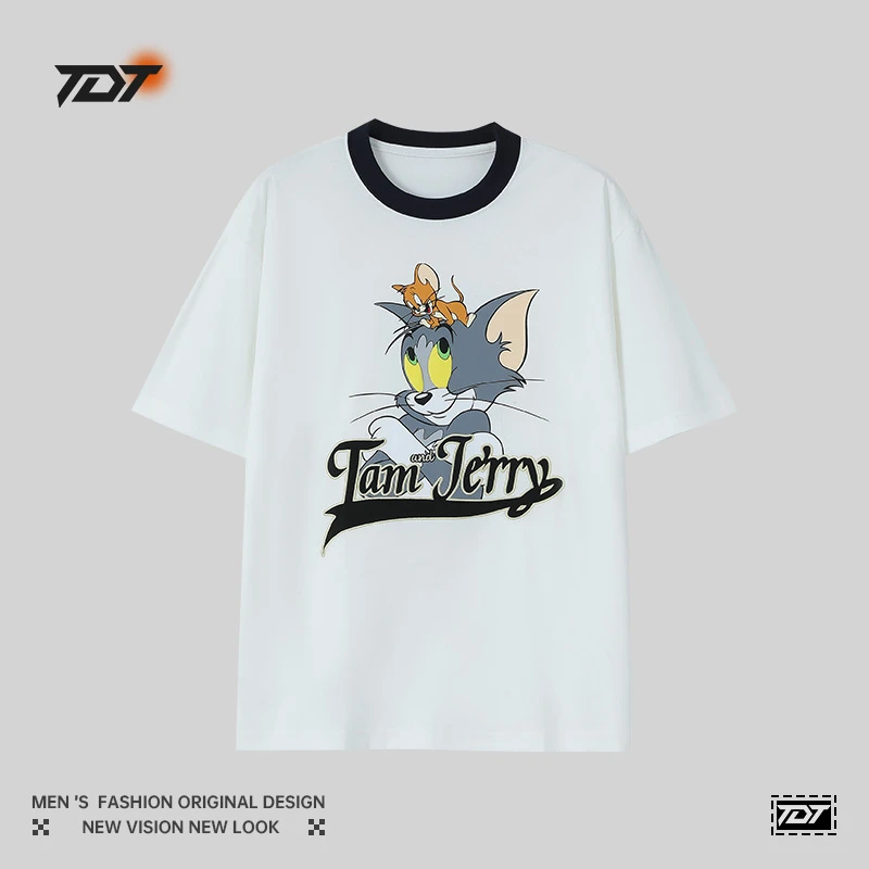 凉感撞色小圆领重磅字母刺绣T恤2025夏季‘’猫和老鼠”主题短袖