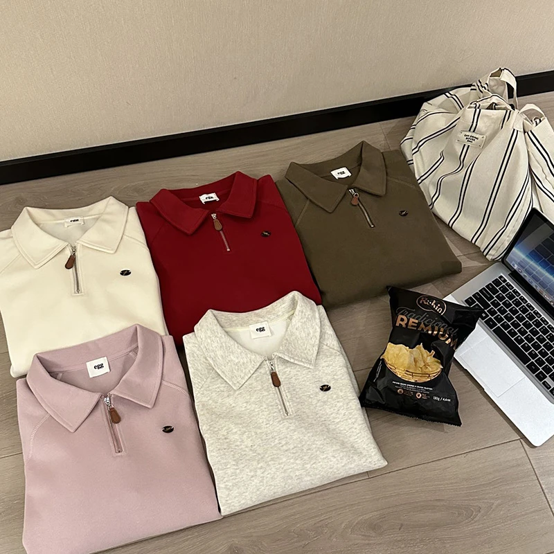 2024秋冬新品Polo领卫衣女半拉链宽松百搭显瘦长袖套头慵懒风上衣