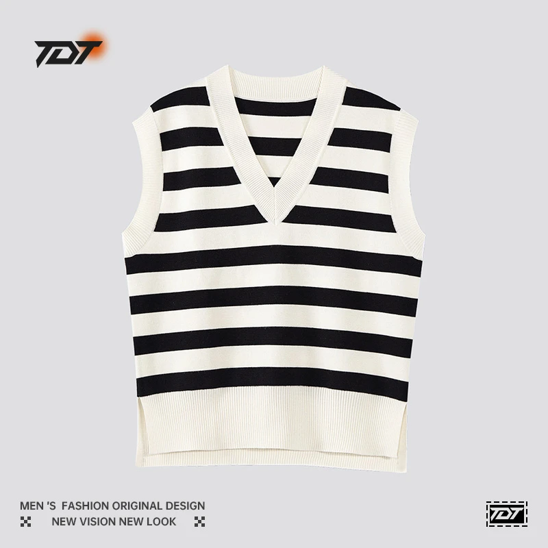 2024秋季新品无袖撞色黑白条纹针织衫女休闲宽松减龄外穿V领外套