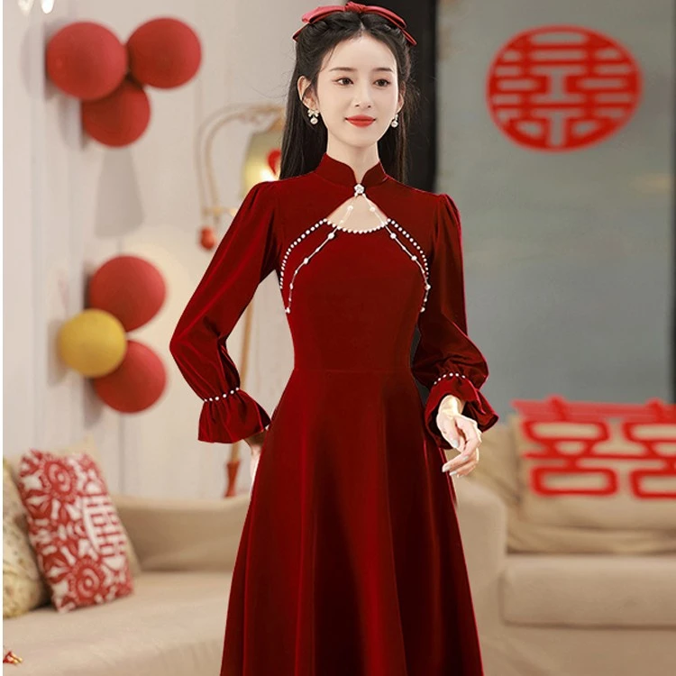 婚宴中式旗袍敬酒服新娘订婚晚礼服裙大码感镂空长款气质结婚