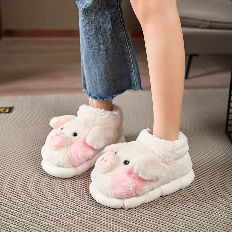 小猪棉拖鞋女士冬季包跟2024新款居家居保暖厚底毛毛绒高帮棉鞋女