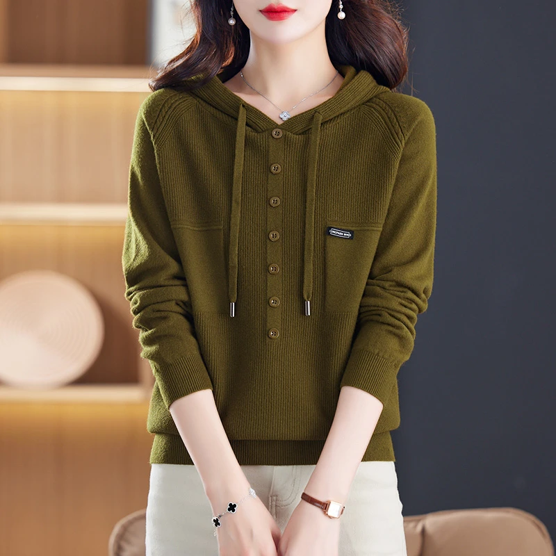 【羊毛衫】高档连帽针织衫女春秋2024新款内搭打底上衣外穿洋气卫衣