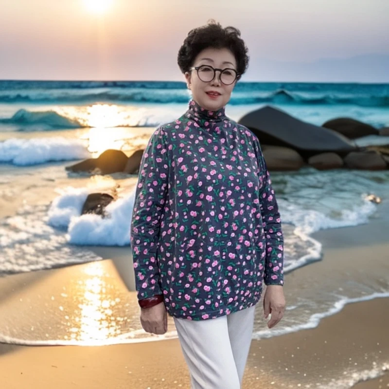 【贵丽坊】新品新款休闲宽松大码小高领打底衫百搭透气时尚印花