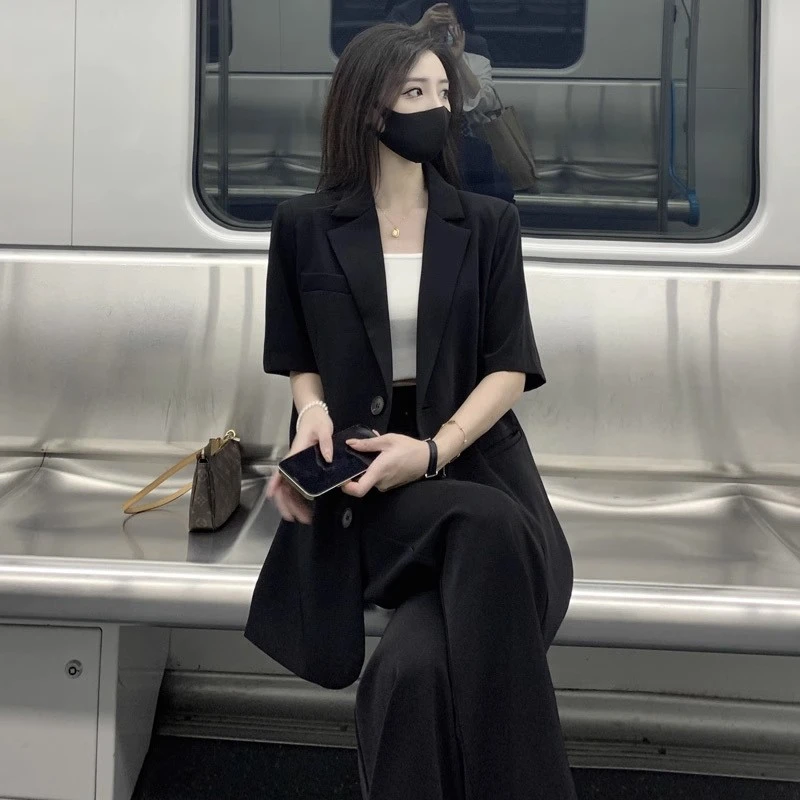 时尚休闲西服夏季黑色宽松显瘦小个子网红开叉酷飒风女装高级感